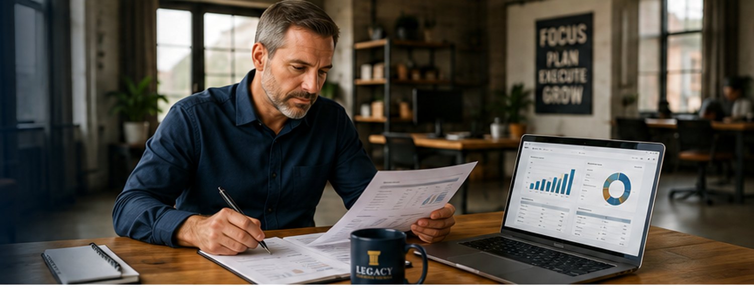 Small business owner reviewing financial and operating information