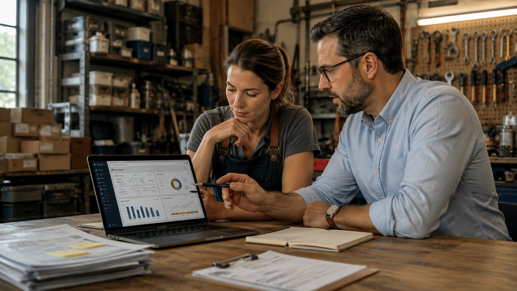 Small business owner reviewing financial and operational performance